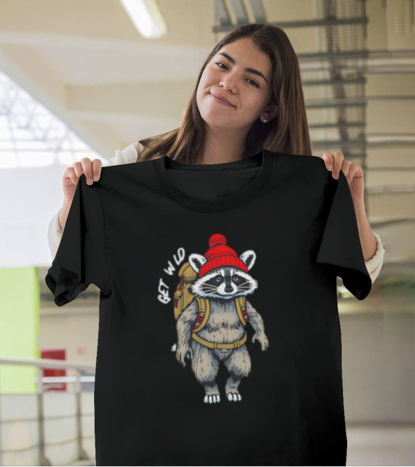 Get Wld Raccoon With Backpack And Red Beanie T-Shirt