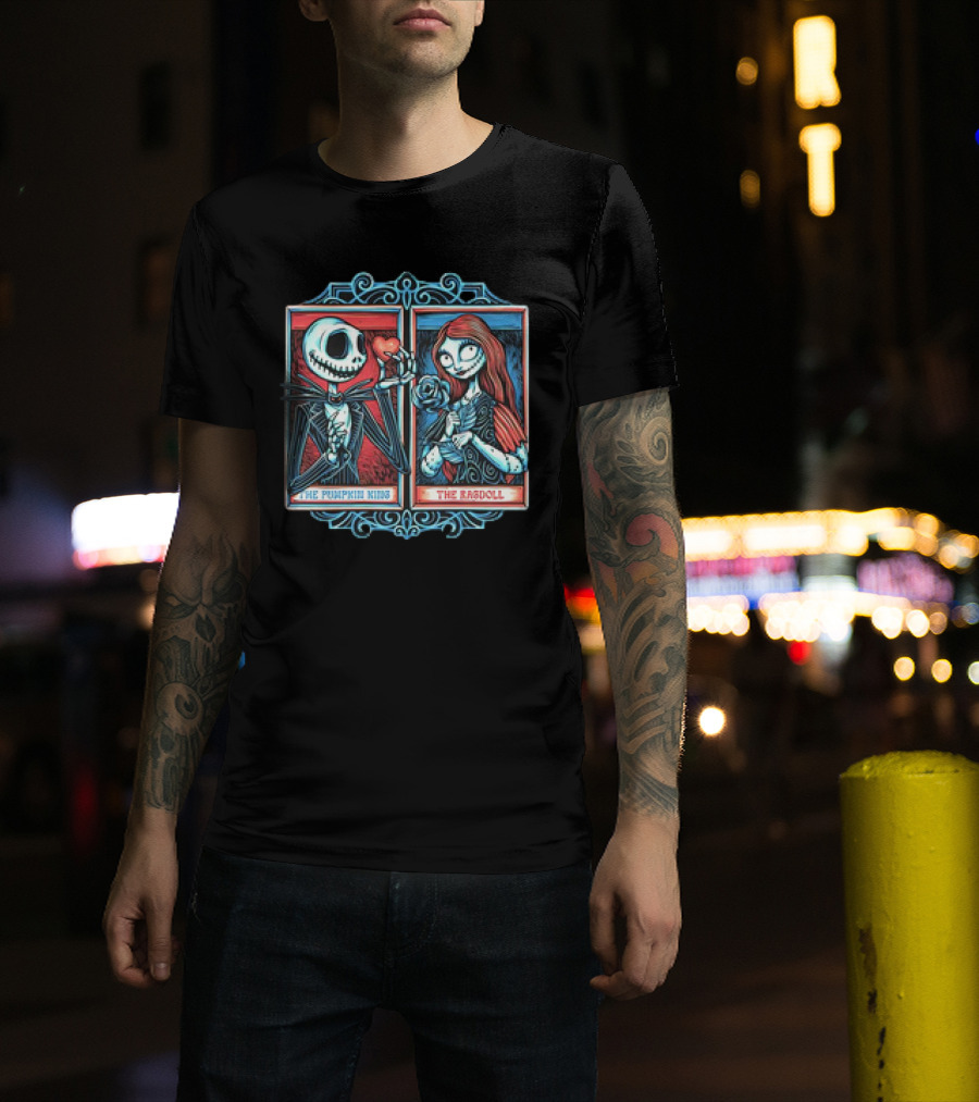 Skeleton Romance Jack Skellington The Pumpkin King And Sally The Ragdoll Heart And Rose T-Shirt