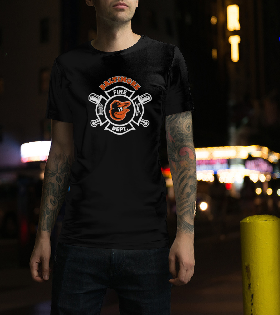 Baltimore Orioles Fire Dept Firefighters Badge Logo With Team Mascot T-Shirt