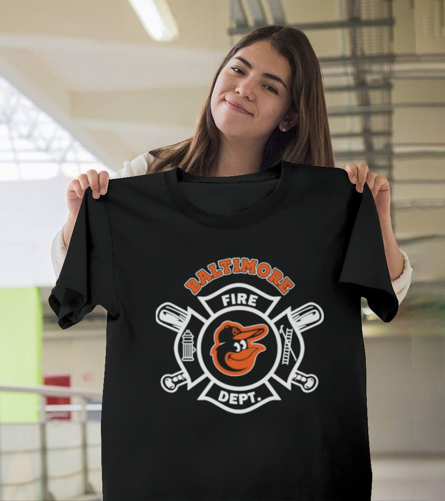 Baltimore Orioles Fire Dept Firefighters Badge Logo With Team Mascot T-Shirt