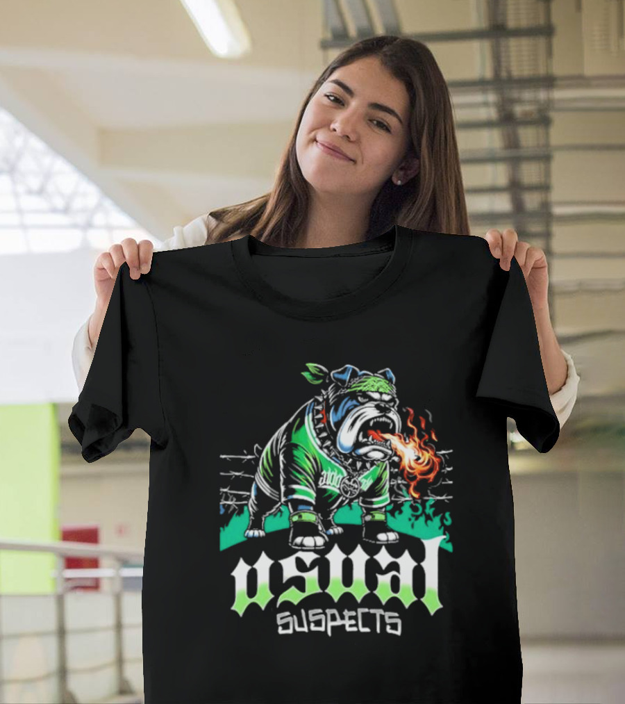 Usual Suspects Bulldog with Fiery Breath and Green Bandana T-Shirt