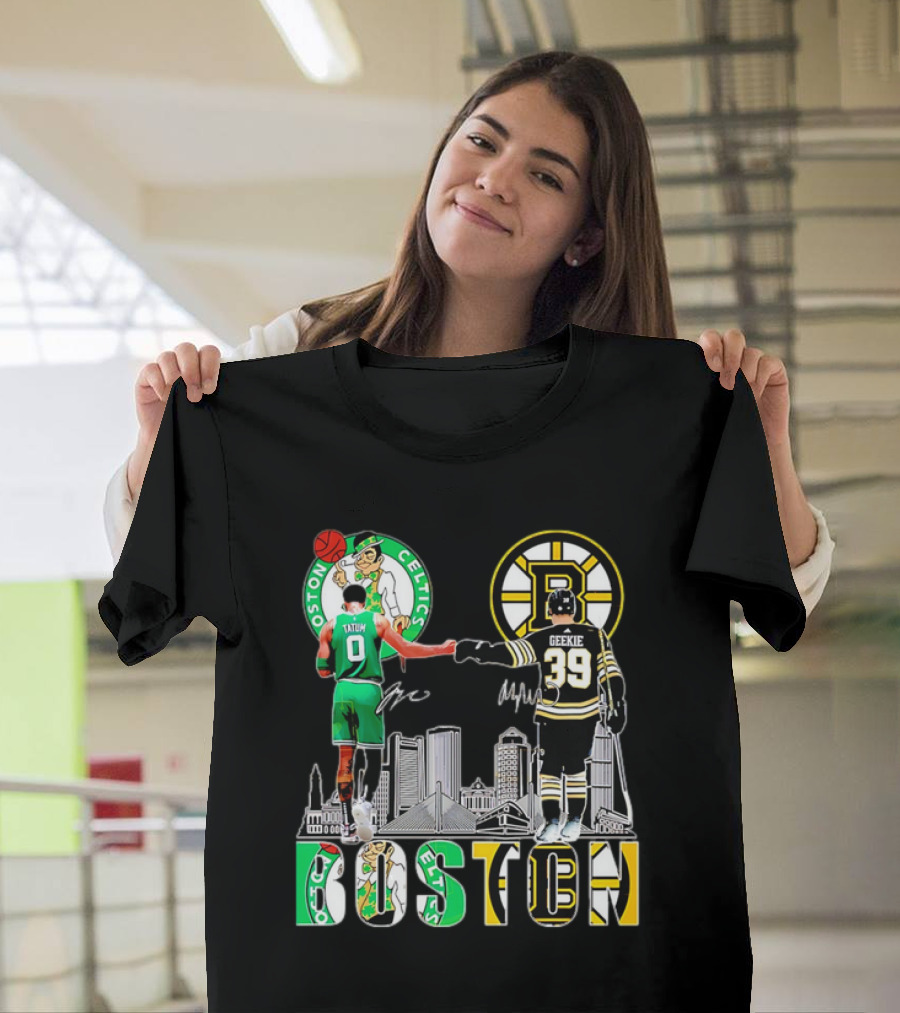 Boston Celtics Jayson Tatum Boston Bruins Morgan Geekie Signatures Skyline T-Shirt