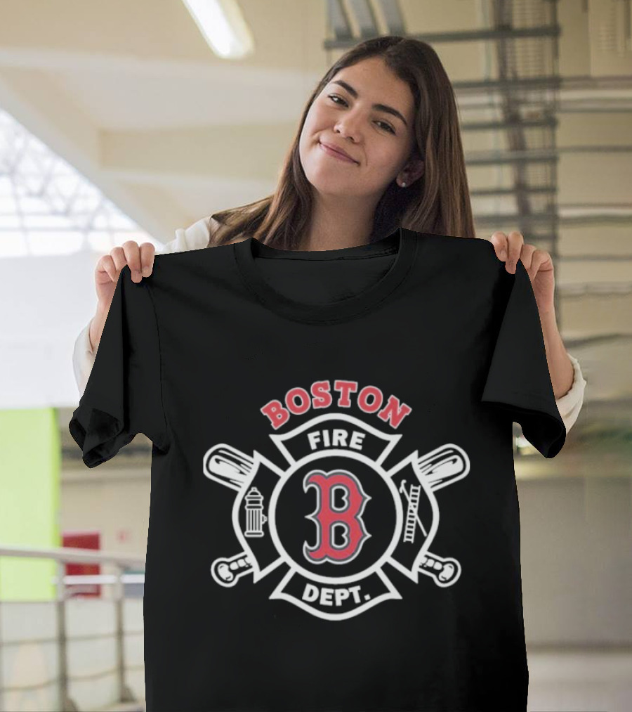 Boston Red Sox Fire Dept Firefighters B Logo Axes And Ladder T-Shirt