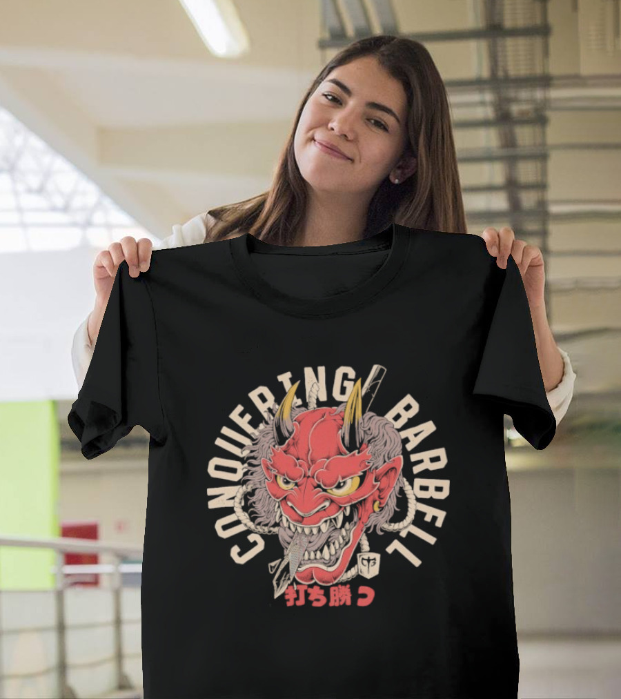 Conquering Barbell Oni Mask Japanese Text T-Shirt