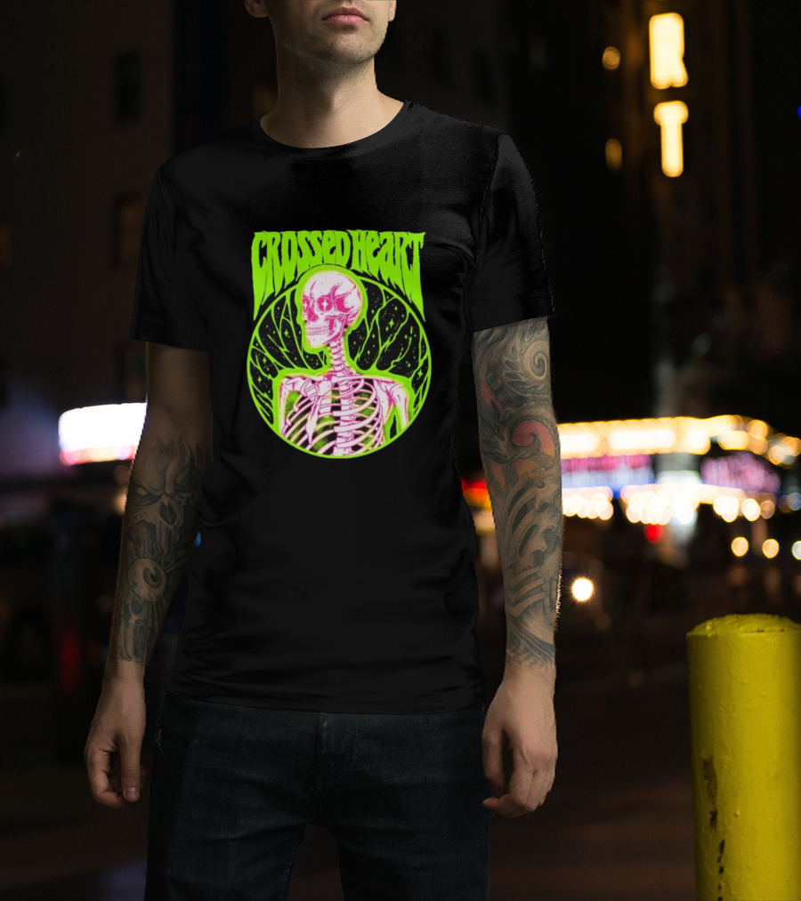Crossed Heart Skeleton Neon Illustration T-Shirt