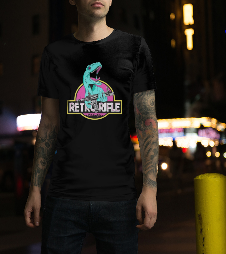 Retro Rifle Dinosaur Holding Gun Vintage Style T-Shirt