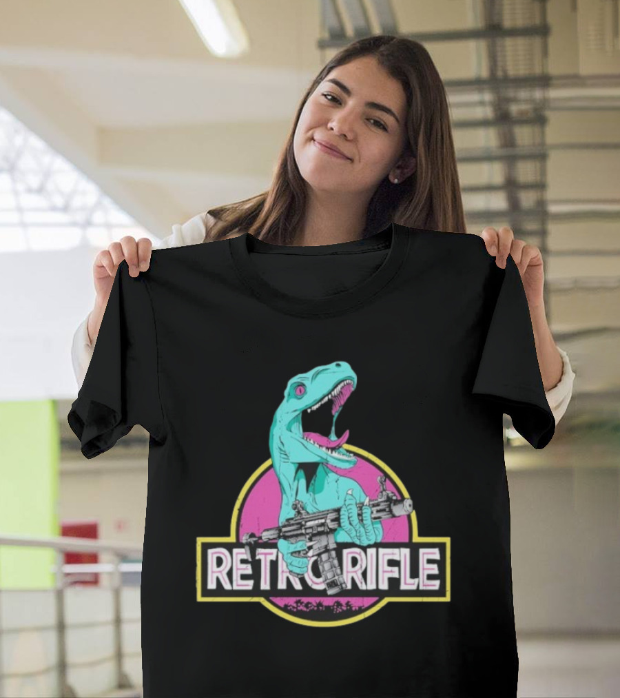 Retro Rifle Dinosaur Holding Gun Vintage Style T-Shirt