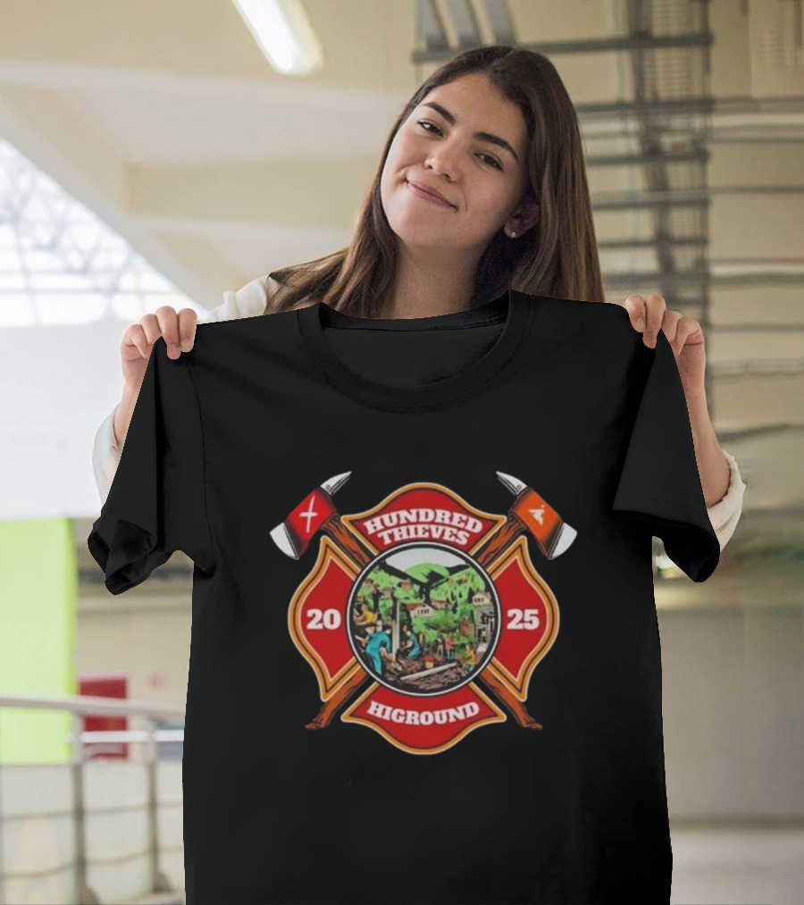 Hundred Thieves Higround 2025 Badge with Axes and Mountain Scene T-Shirt