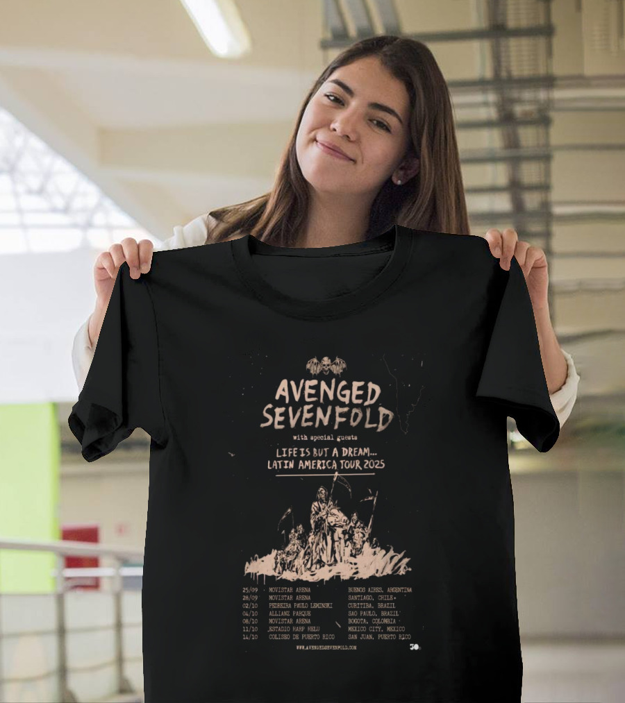 Avenged Sevenfold Life Is But a Dream Latin America Tour 2025 with Special Guests Dates and Locations T-Shirt