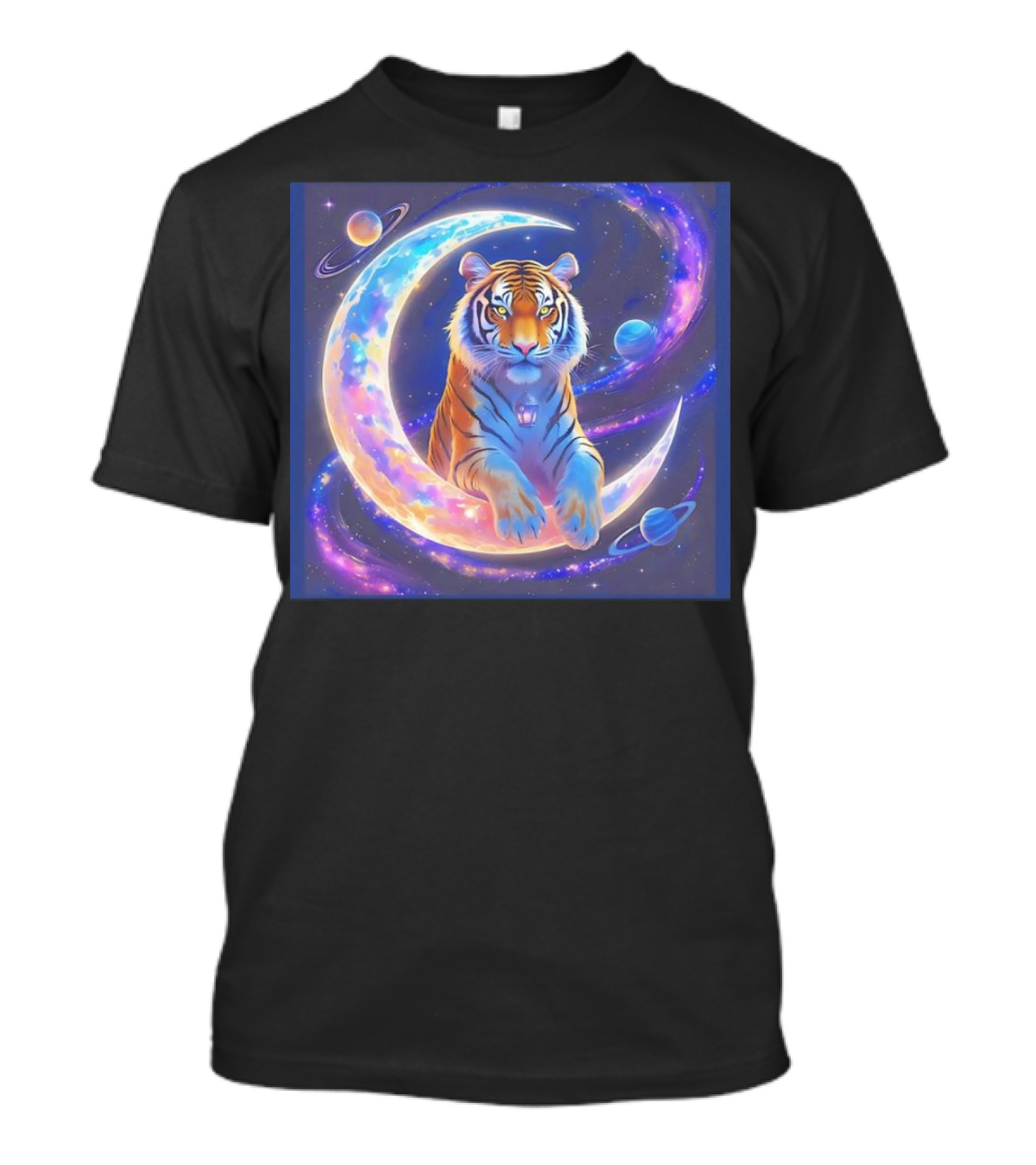 Cosmic Tiger Resting On A Crescent Moon Surrounded By Planets And Stars T-Shirt
