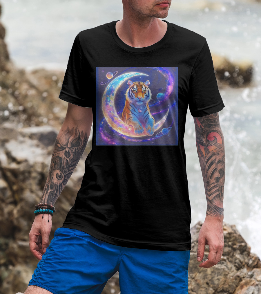 Cosmic Tiger Resting On A Crescent Moon Surrounded By Planets And Stars T-Shirt