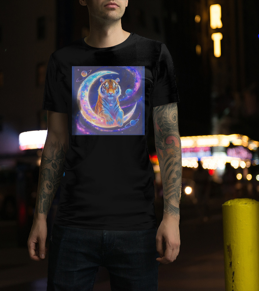 Cosmic Tiger Resting On A Crescent Moon Surrounded By Planets And Stars T-Shirt