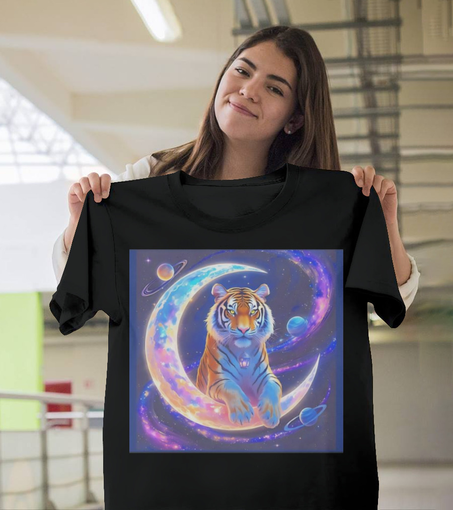 Cosmic Tiger Resting On A Crescent Moon Surrounded By Planets And Stars T-Shirt