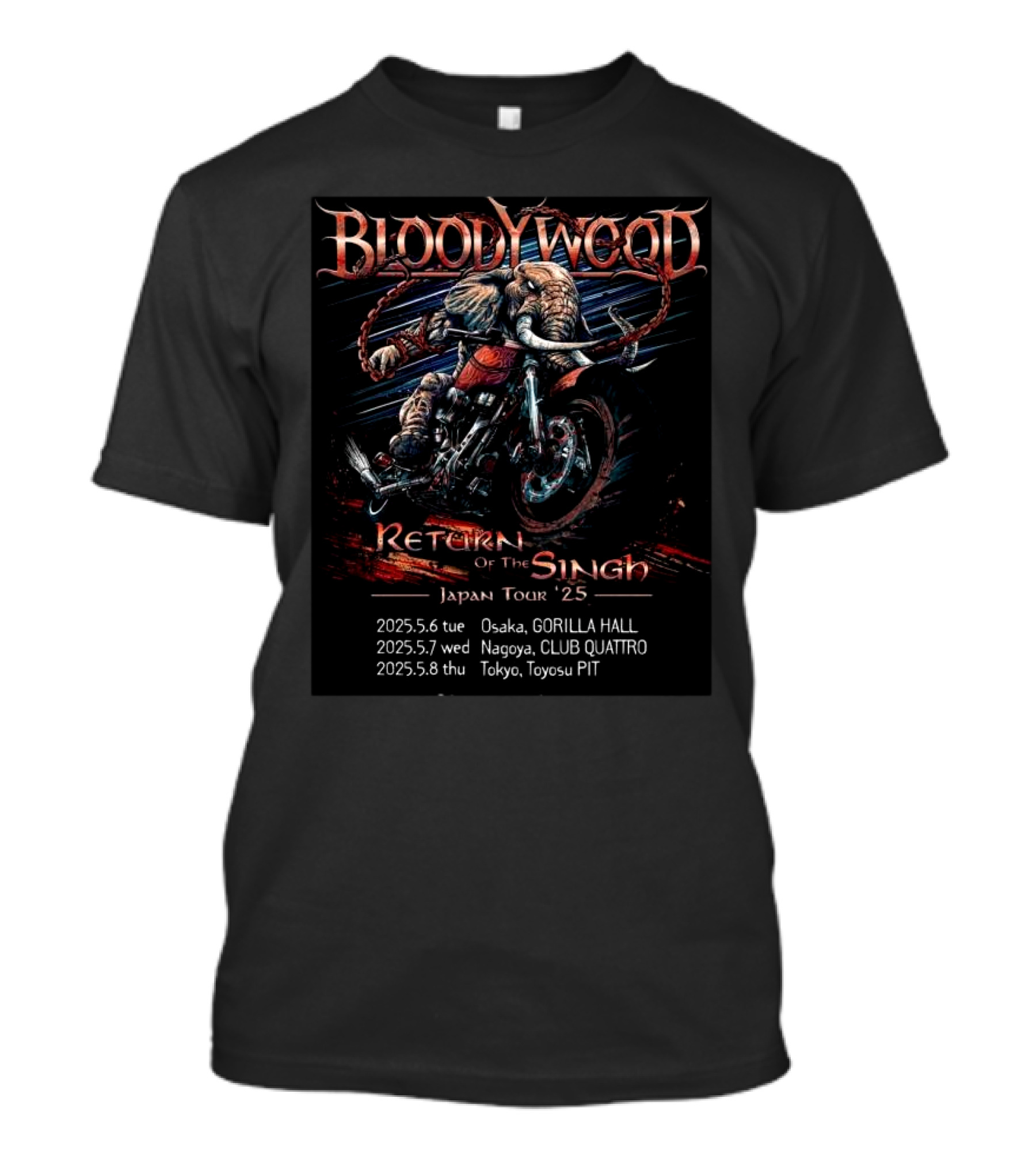 Bloodywood Return Of The Singh Japan Tour '25 Osaka Nagoya Tokyo May 6-8 Elephant Motorcycle Art T-Shirt