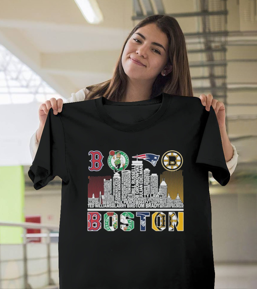Boston Red Sox Celtics Patriots Bruins Skyline Players Names T-Shirt