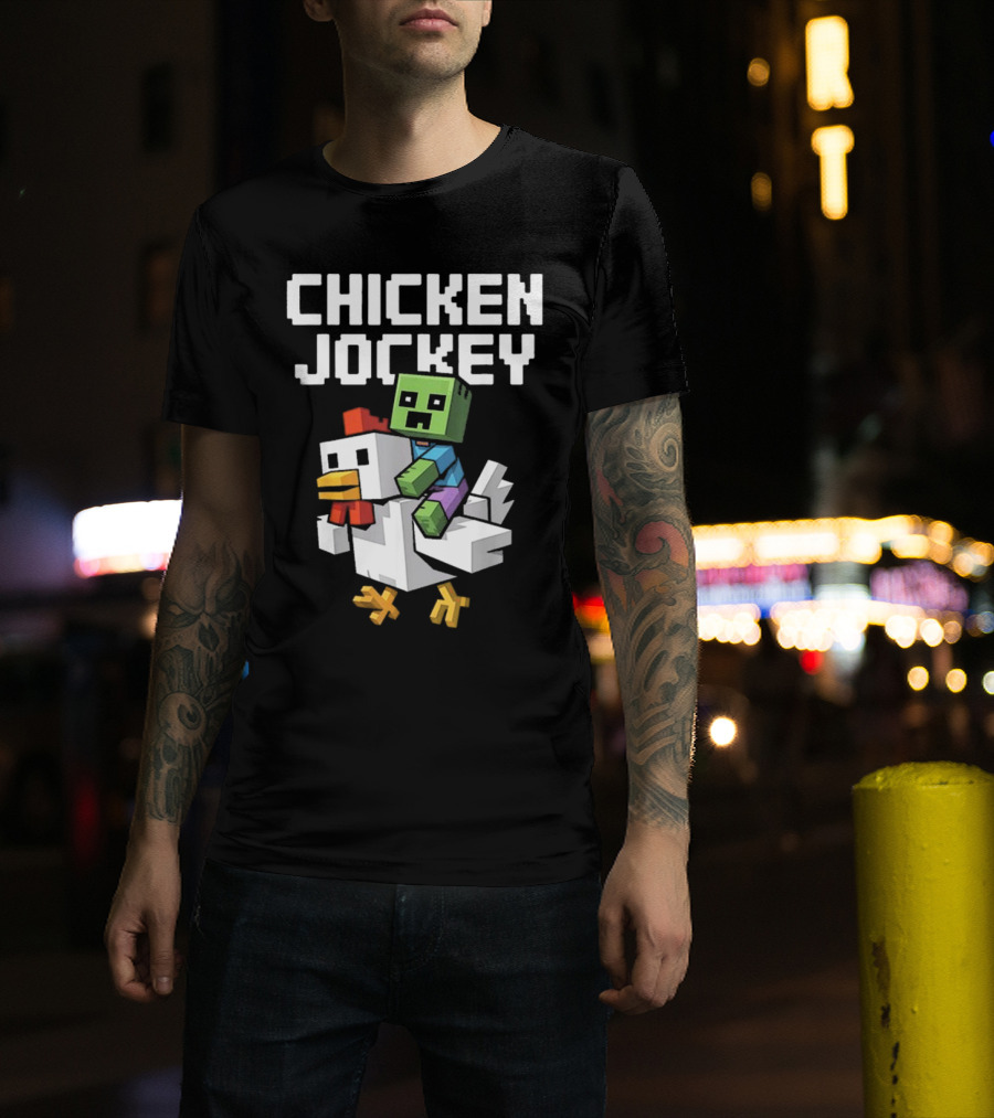 CHICKEN JOCKEY Pixelated Green Zombie Riding White Chicken T-Shirt
