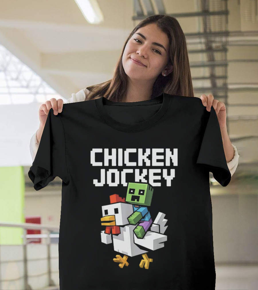 CHICKEN JOCKEY Pixelated Green Zombie Riding White Chicken T-Shirt