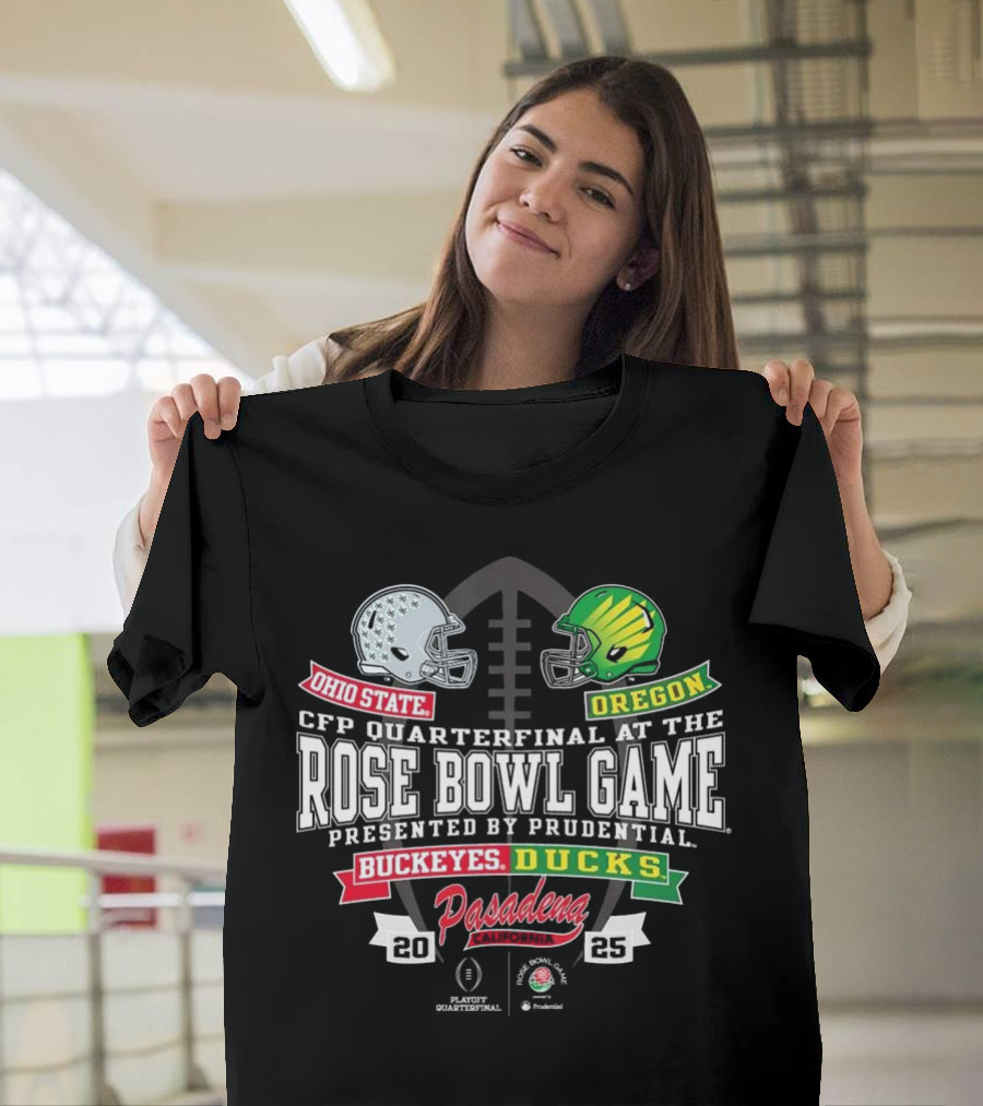 Cotton Basic Postseason 24 Rose Bowl Ohio State vs Oregon Helmet to Helmet T-Shirt