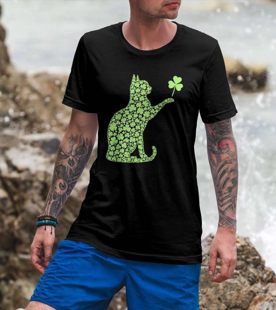 Funny St. Patrick’S Day Shamrock Cat Irish T-Shirt