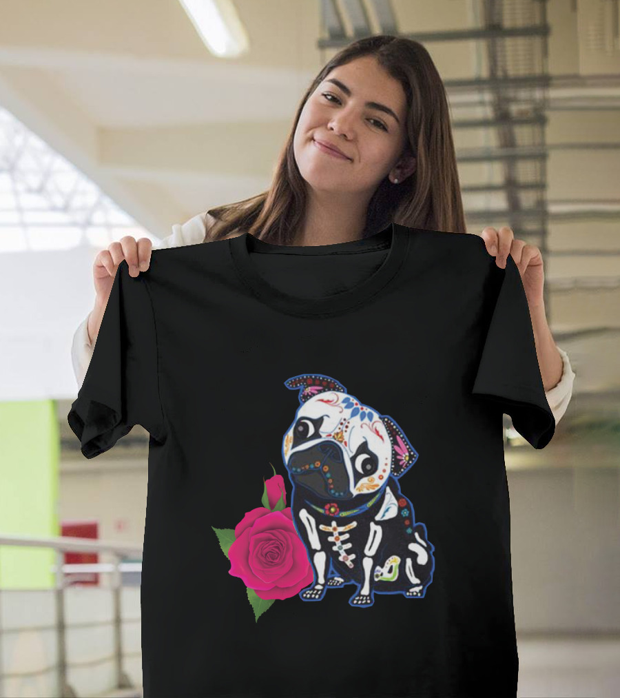 Day of the Dead Sugar Skull Pug with Rose T-Shirt