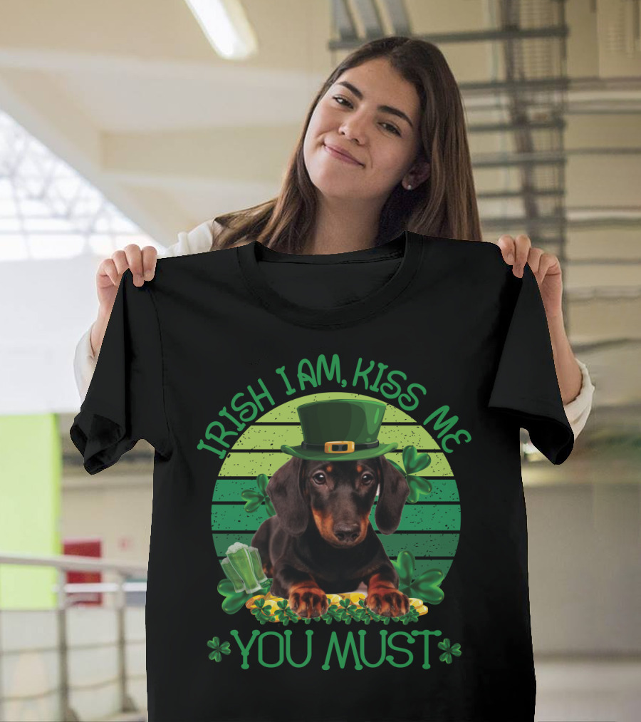 Irish I Am Kiss Me You Must Dachshund with Leprechaun Hat and Beer T-Shirt