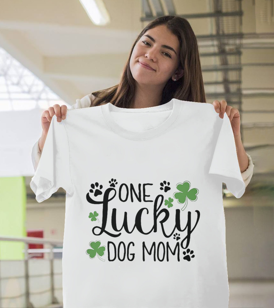 One Lucky Dog Mom with Shamrock and Paw Prints T-Shirt