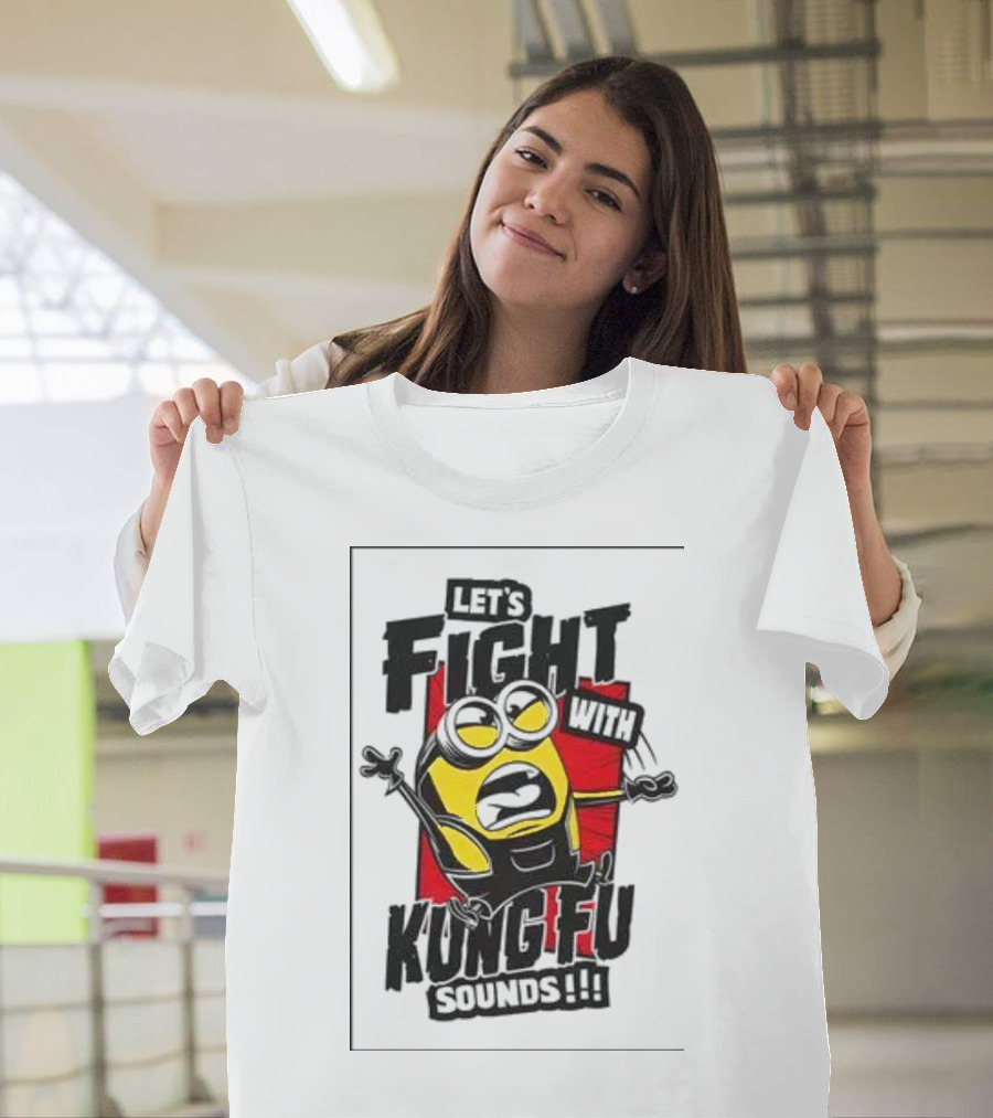 Minions Let's Fight Kung Fu Sounds Red Action Background T-Shirt