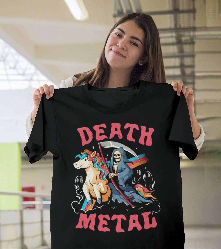 Death Metal Skull Riding Rainbow Unicorn T-Shirt