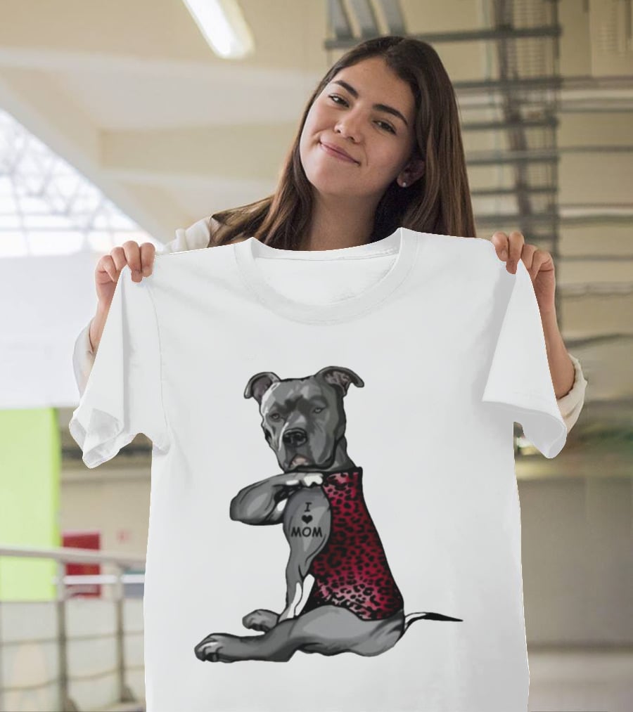 I Love Mom Dog Tattoo Red Leopard Print T-Shirt