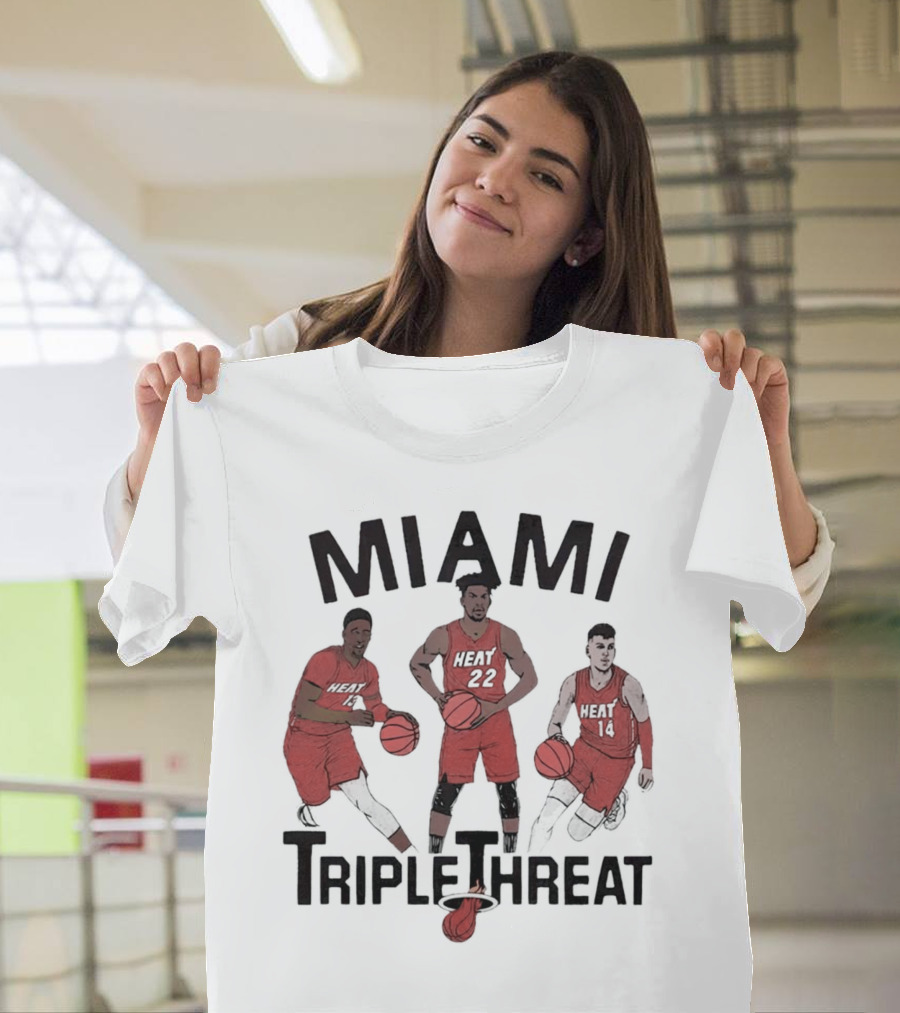 Miami Heat Bam Adebayo Jimmy Butler Tyler Herro Triple Threat T-Shirt