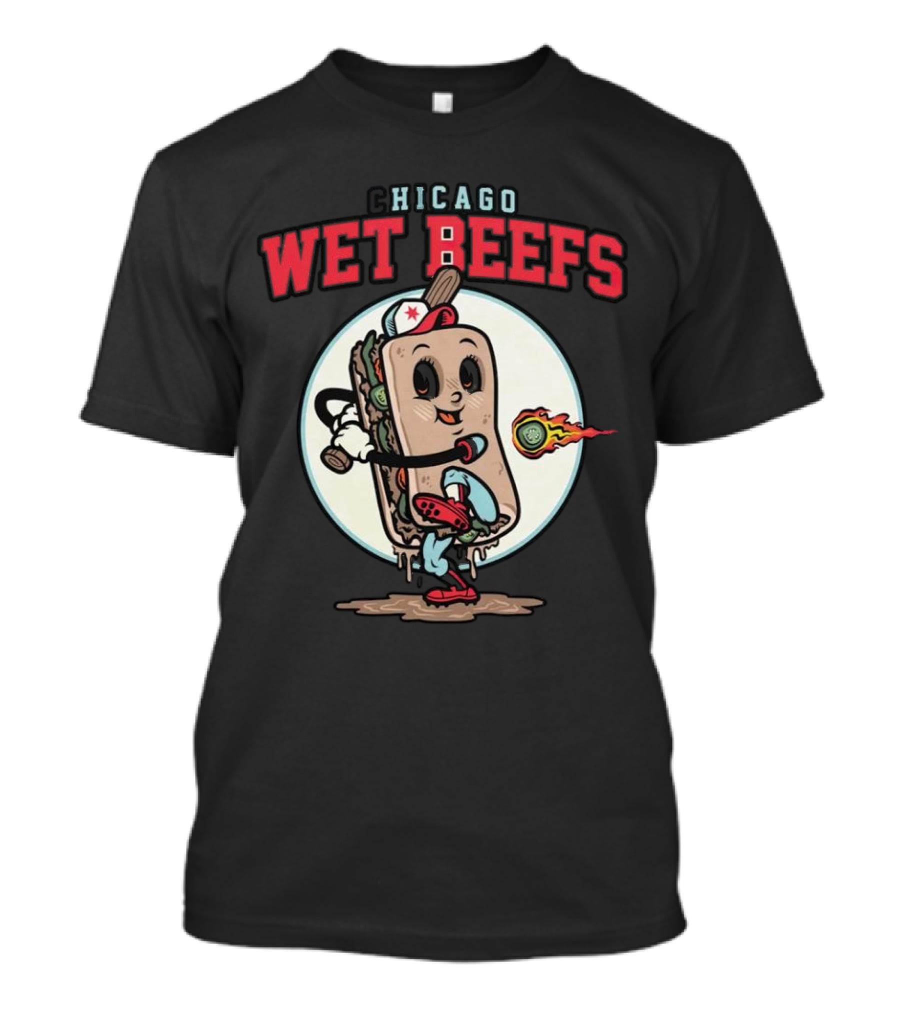 Chicago Wet Beefs Sandwich Character With Baseball Bat And Flaming Baseball T-Shirt