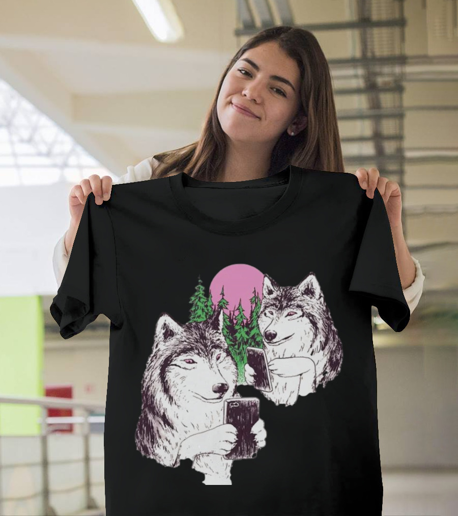 There Are Two Wolves Inside You Both on Smartphones Against a Pink Moon and Pine Trees T-Shirt