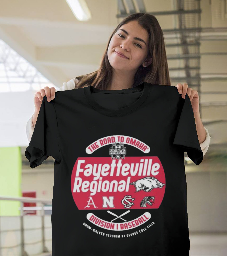 The Road to Omaha Fayetteville Regional Division I Baseball Baum-Walker Stadium at George Cole Field College World Series T-Shirt
