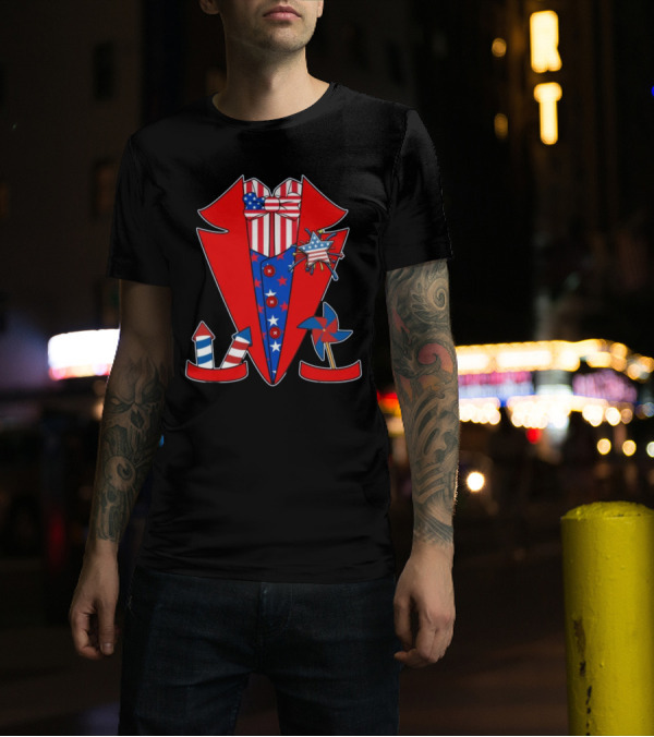 Patriotic Stars And Stripes Tuxedo With Fireworks And Pinwheel T-Shirt