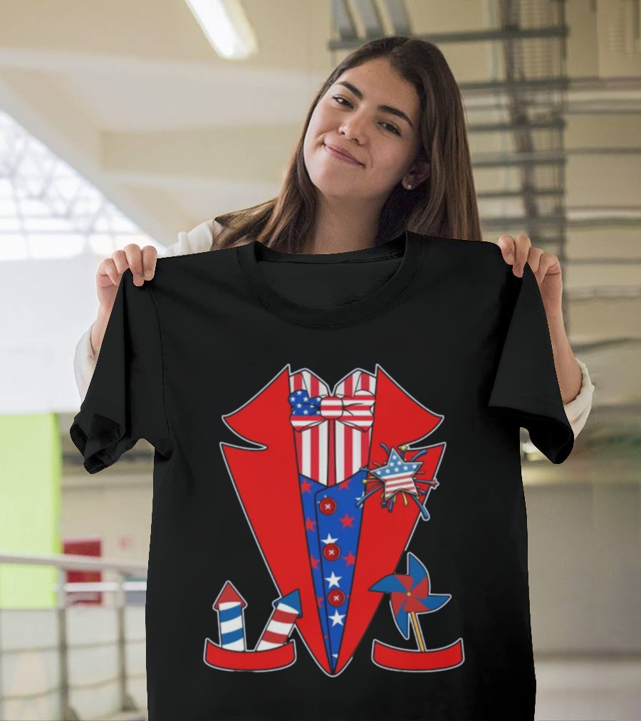 Patriotic Stars and Stripes Tuxedo with Fireworks and Pinwheel T-Shirt