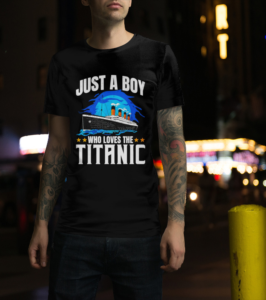 Just A Boy Who Loves The Titanic Ship With Blue Ocean And Stars T-Shirt
