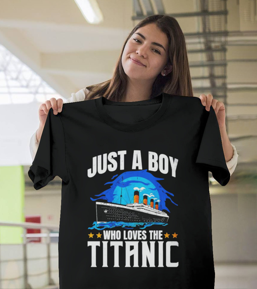 Just A Boy Who Loves The Titanic Ship With Blue Ocean And Stars T-Shirt