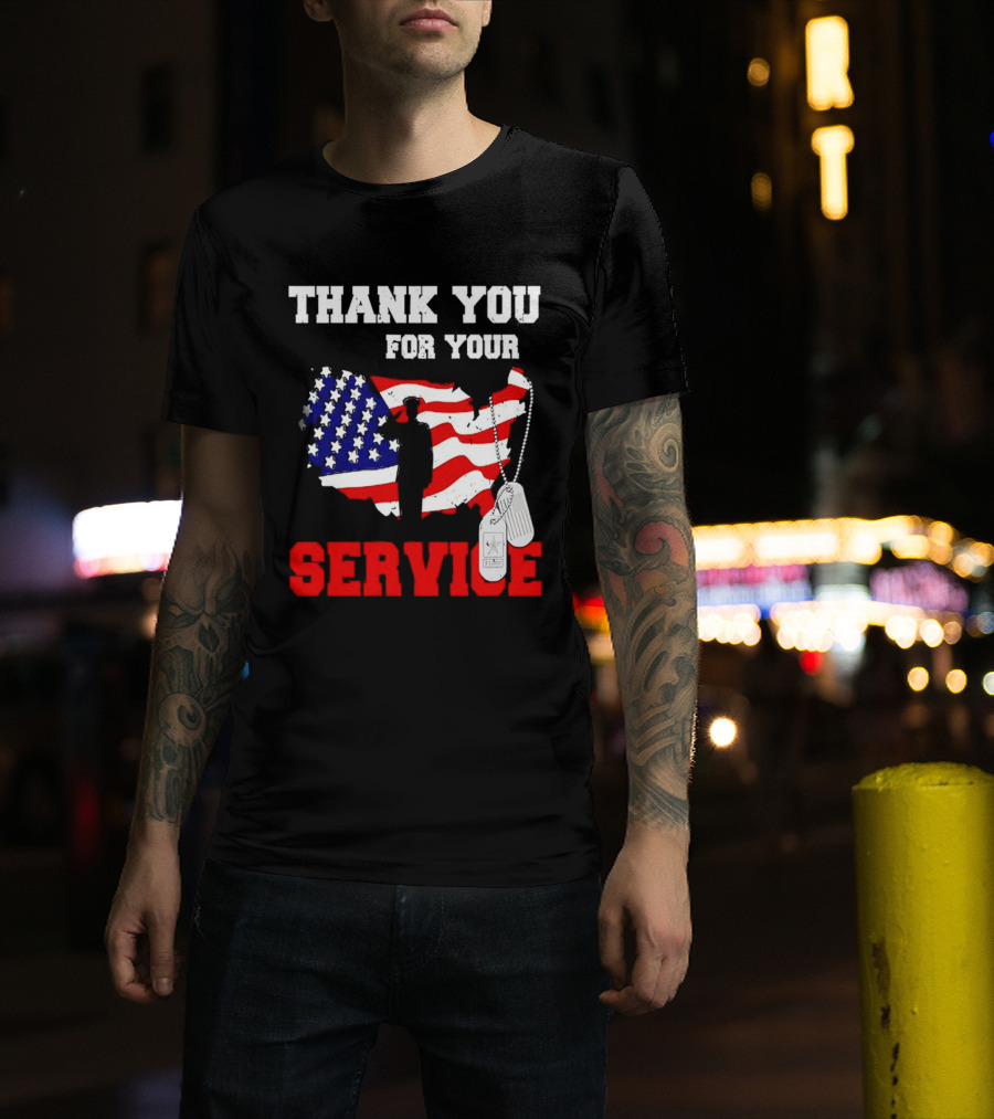 Thank You For Your Service American Flag Silhouette With Dog Tags T-Shirt