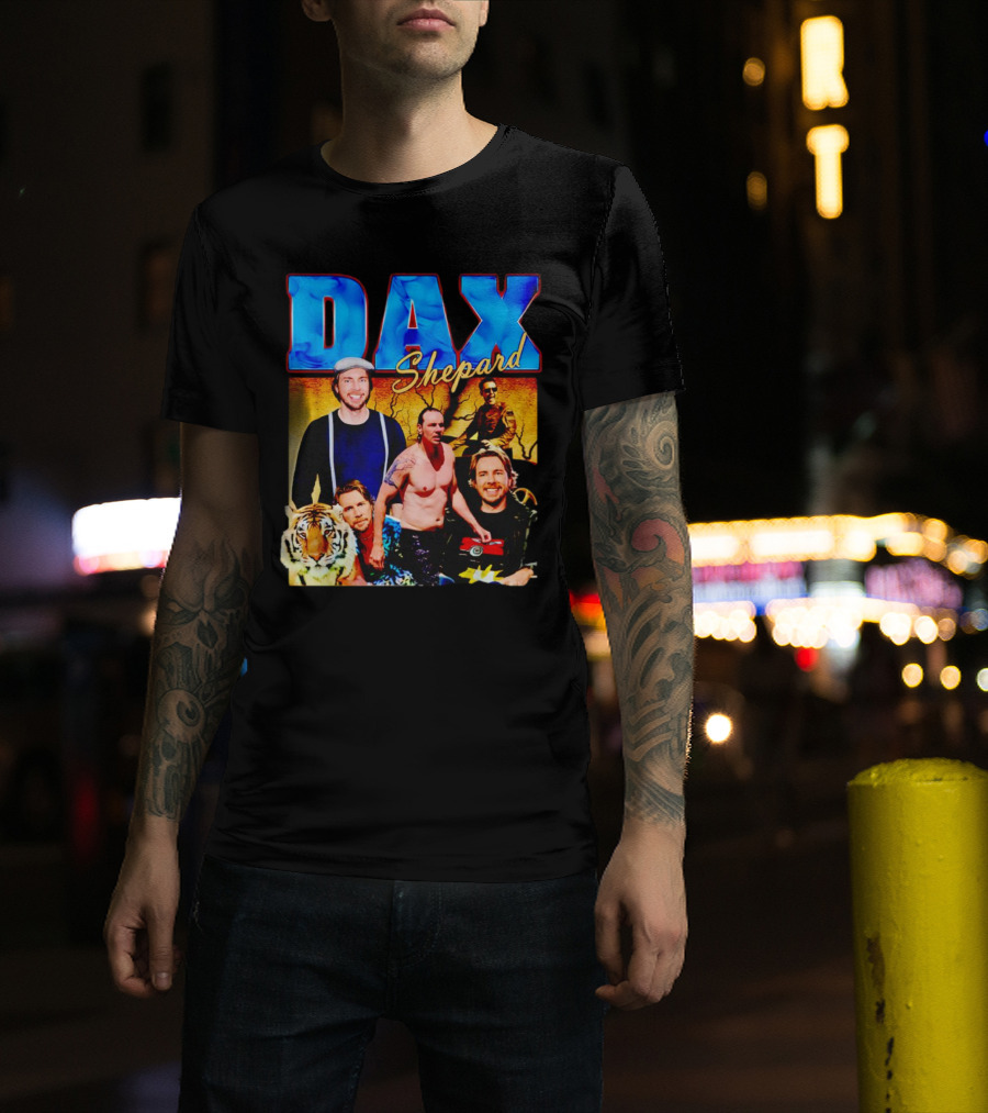 Dax Shepard Vintage Collage With Blue Text And Tiger T-Shirt