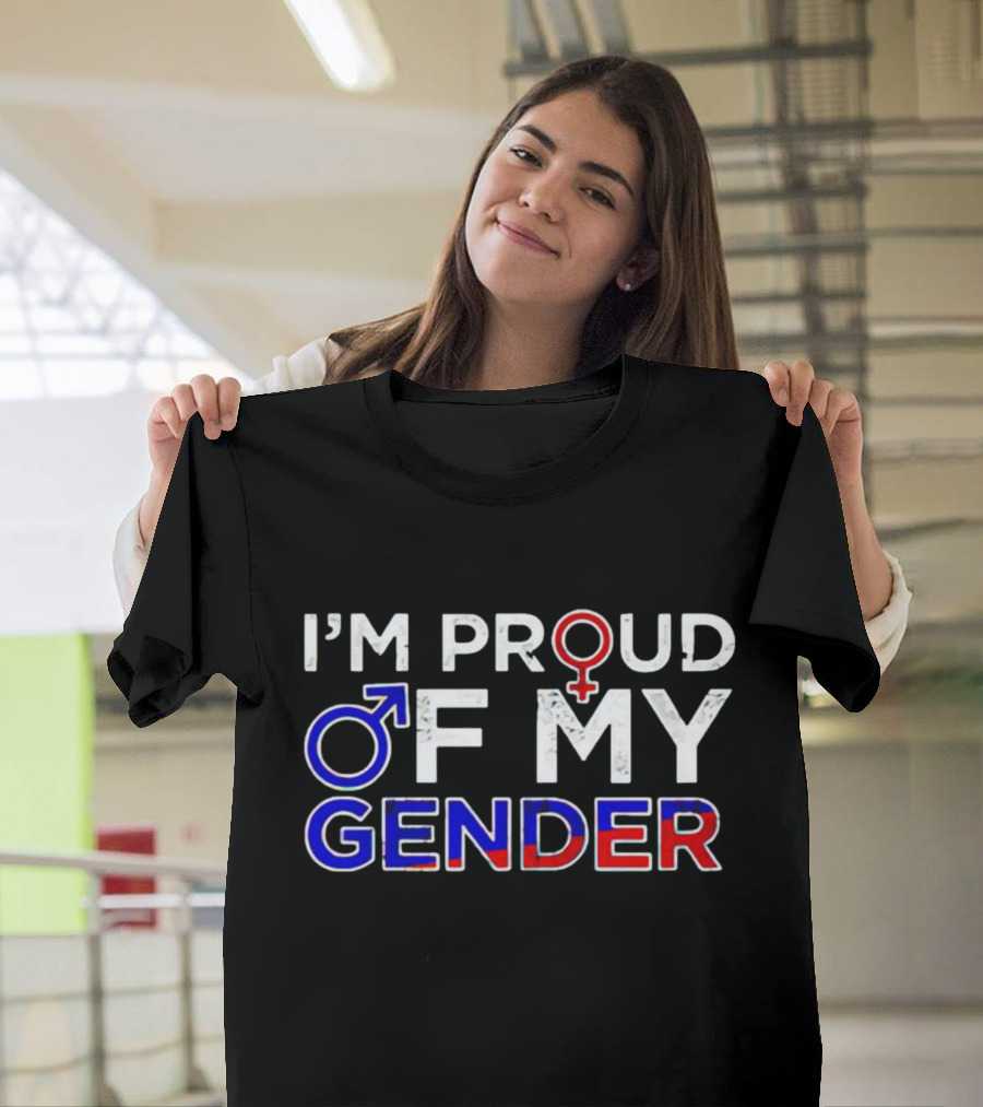 I’m Proud of My Gender with Male and Female Symbols in Red, White, and Blue T-Shirt