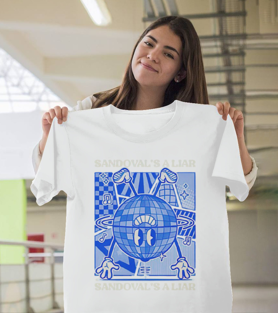 Sandoval's A Liar Blue Globe Cartoon Music Notes Geometric Background T-Shirt
