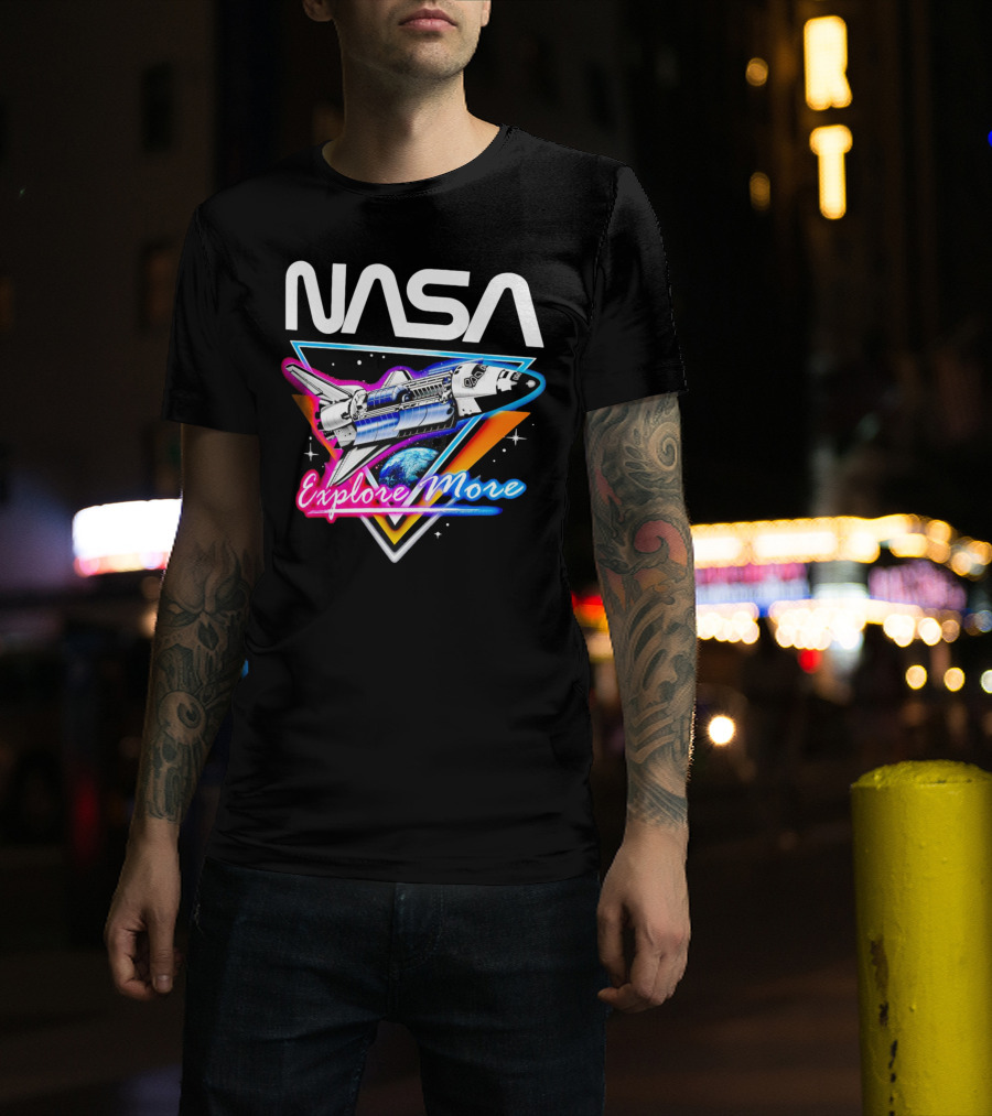 NASA Neon Glow Space Shuttle Explore More T-Shirt