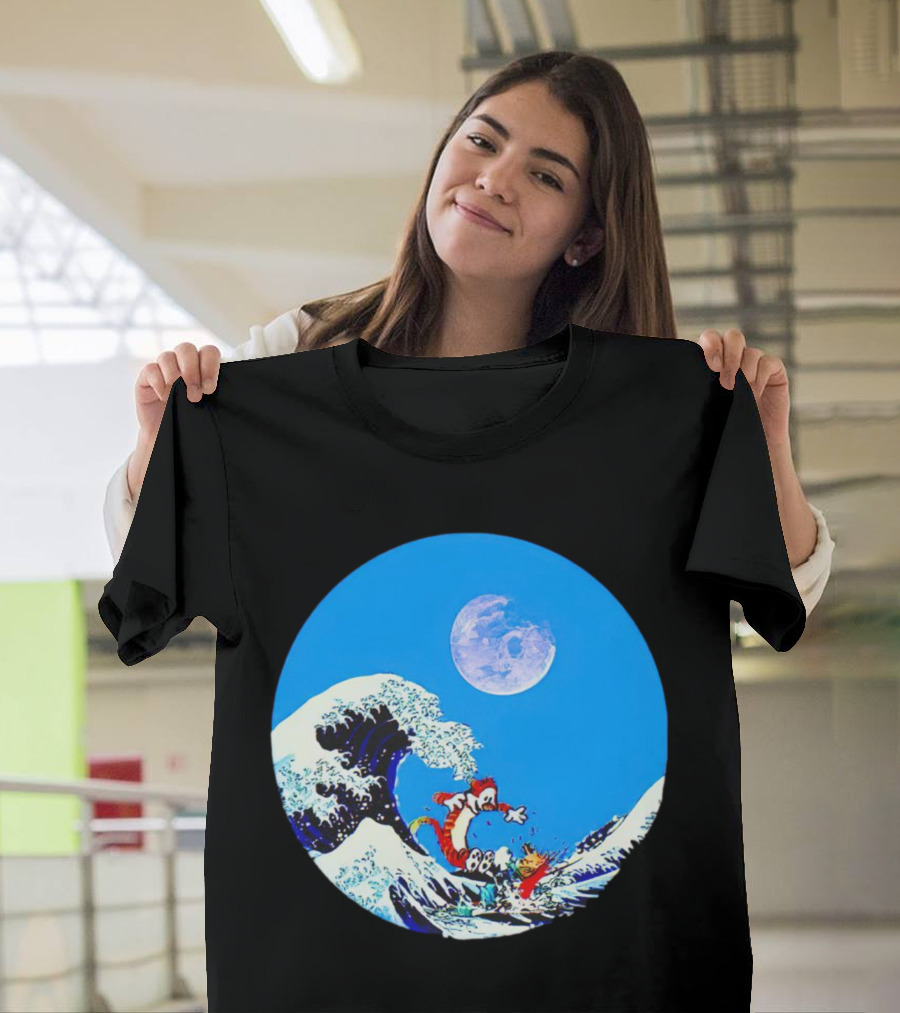 Calvin and Hobbes Lovers Great Wave Moon Adventure T-Shirt
