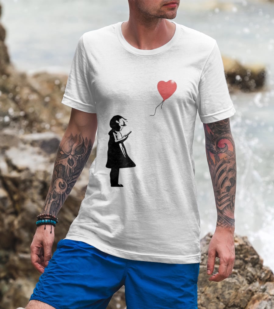 Girl With Phone Heart Balloon Black Dark Shadow T-Shirt