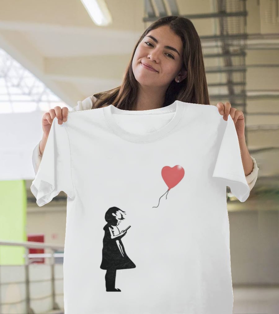 Girl With Phone Heart Balloon Black Dark Shadow T-Shirt