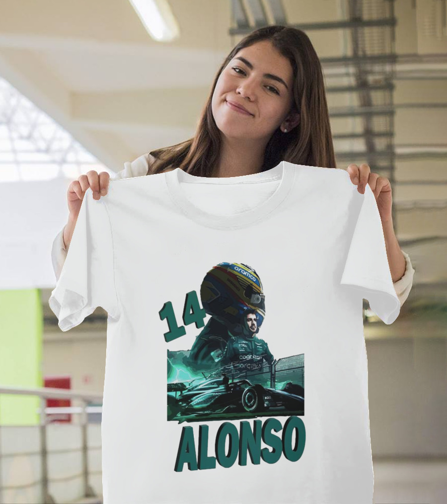 14 Alonso Aramco Racing Helmet And Car T-Shirt