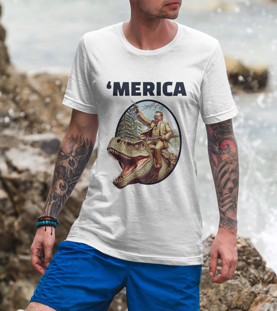 Theodore Roosevelt Riding Dinosaur ‘Merica Patriotic Adventure Scene T-Shirt