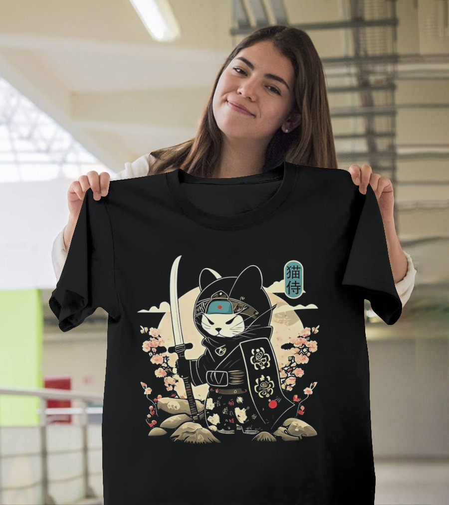 Samurai Cat Sakura Blossom Warrior Japan Kanji Armor Katana T-Shirt