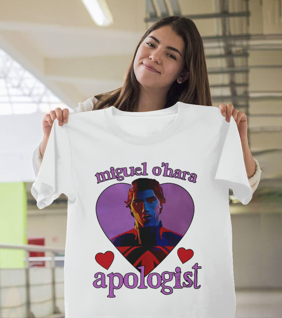 Miguel O’Hara Apologist Love Heart with Heroic Figure in Purple and Red Hearts T-Shirt