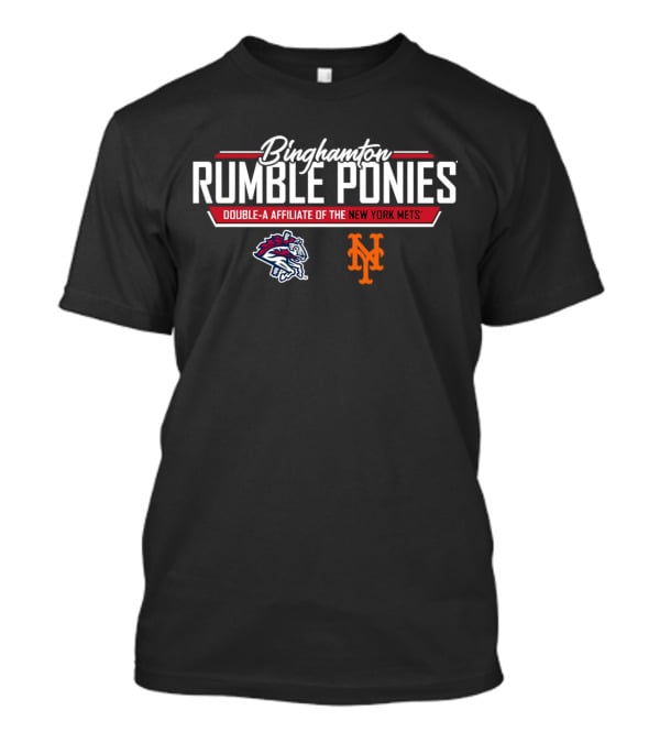Binghamton Rumble Ponies New York Mets Double-A Affiliate Logo With Pony And Mets Symbols T-Shirt